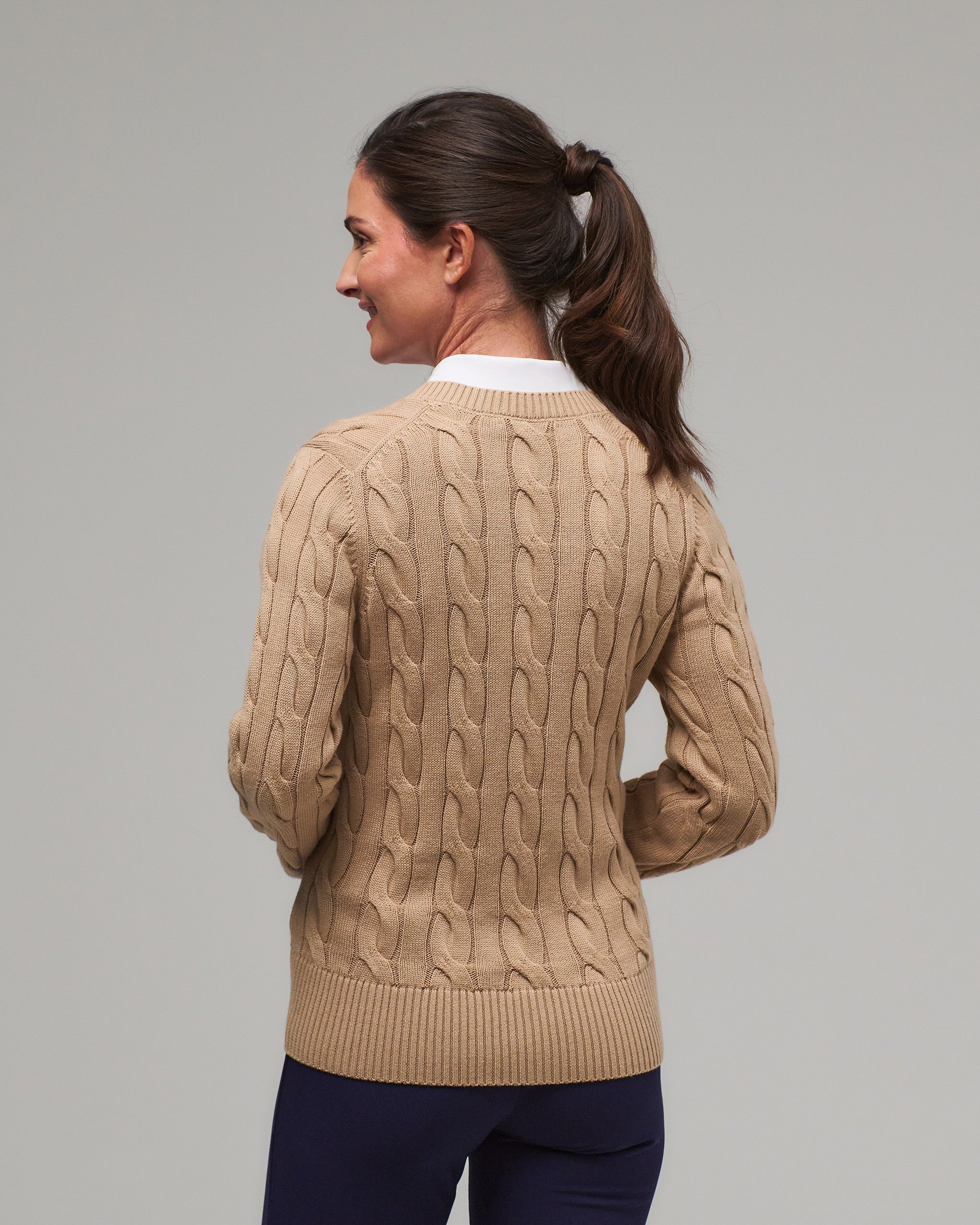 Elodie V-Neck Cable Sweater | Women's Golf Sweater – Fairway & Greene