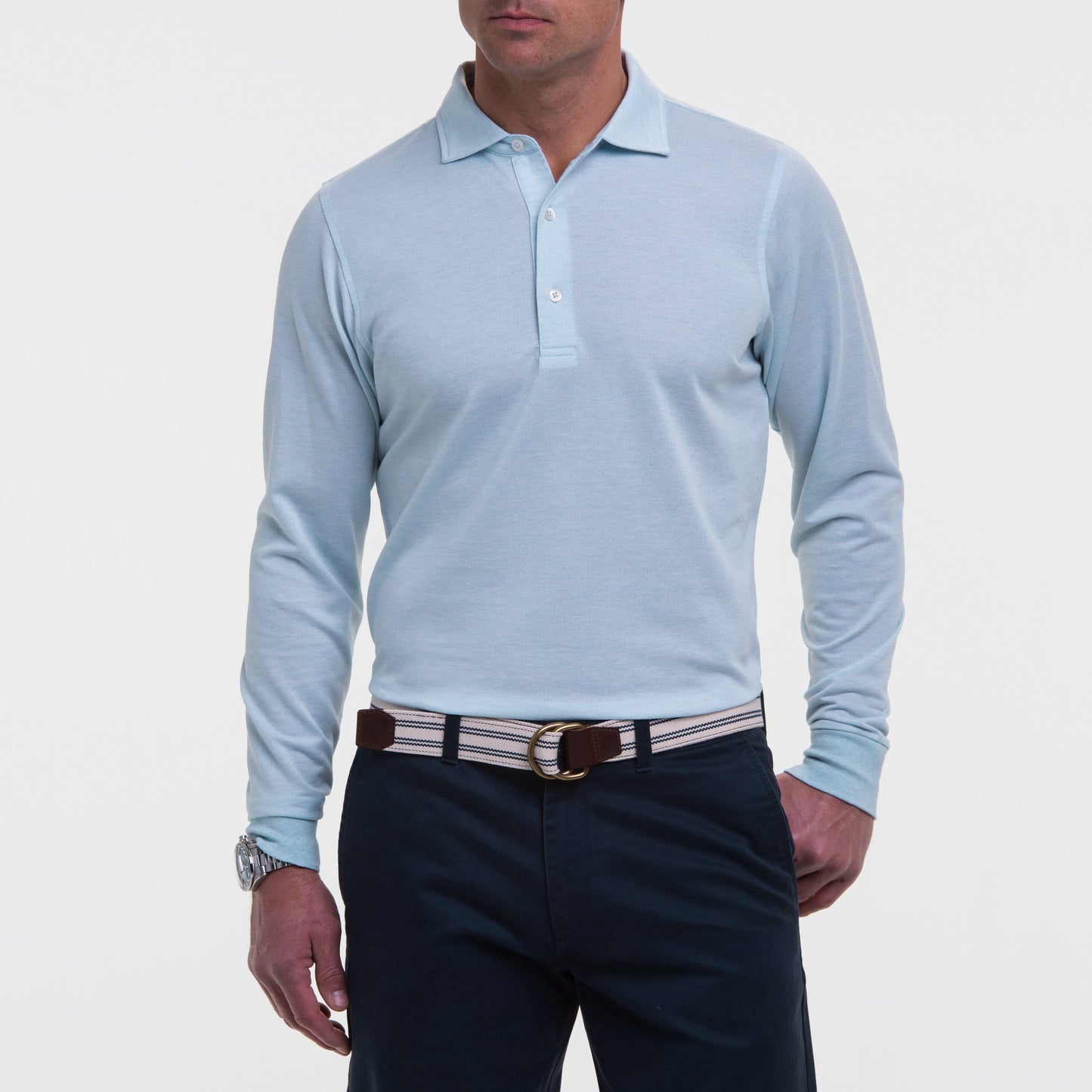 LONG-SLEEVE HERRINGBONE NATURAL JERSEY POLO-SALE - Fairway & Greene