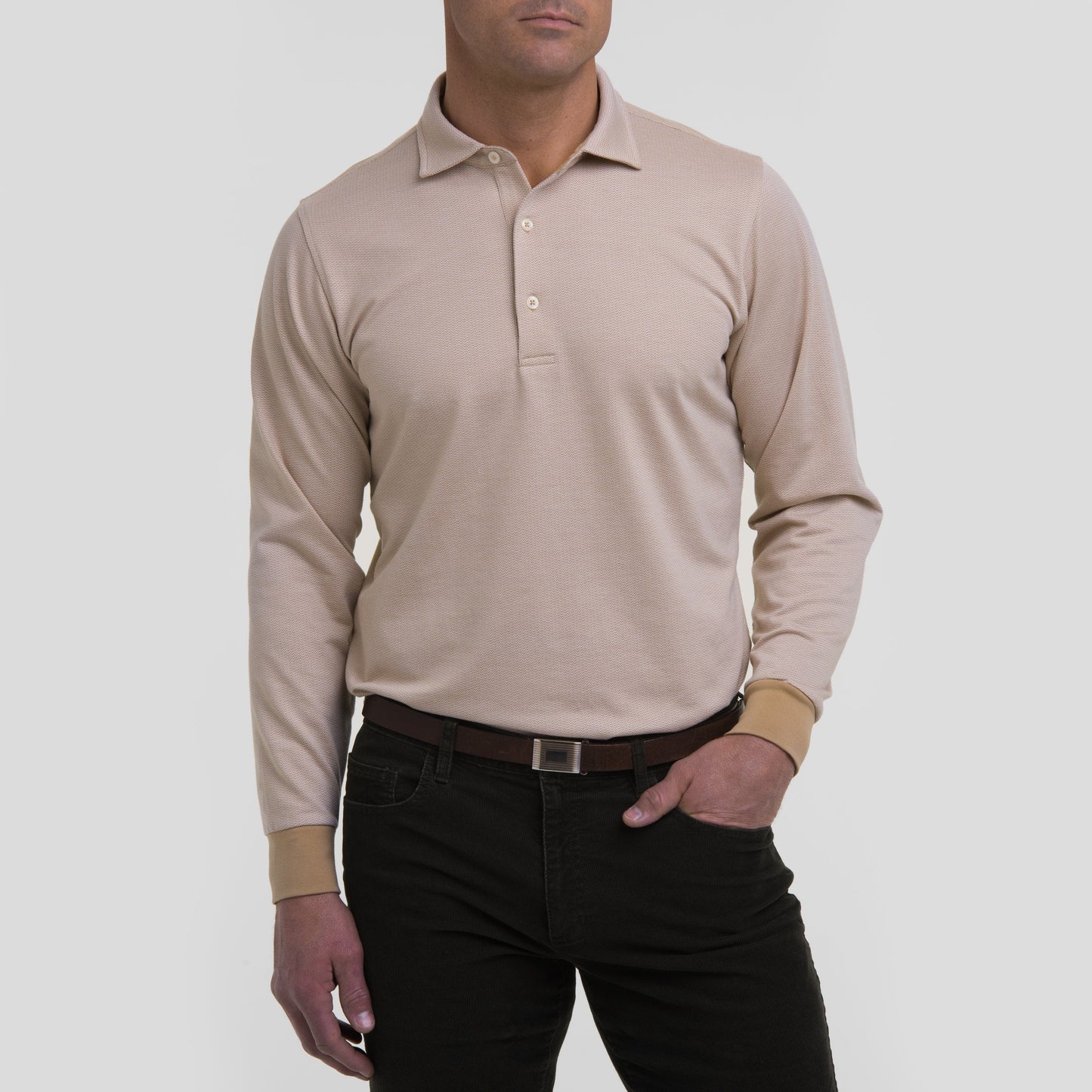 LONG-SLEEVE HERRINGBONE NATURAL JERSEY POLO - Sale